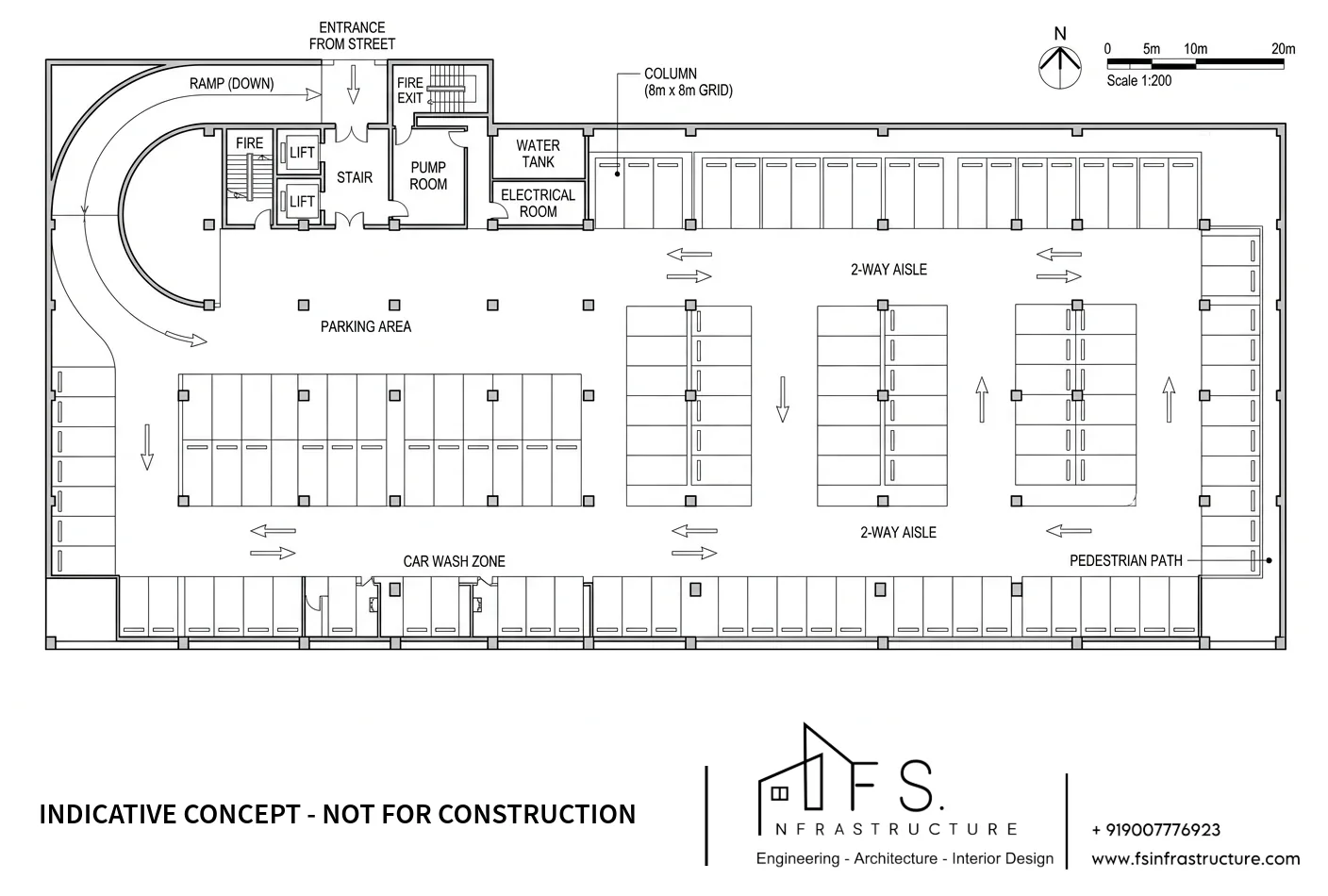 Commercial basement parking and ramp layout plan