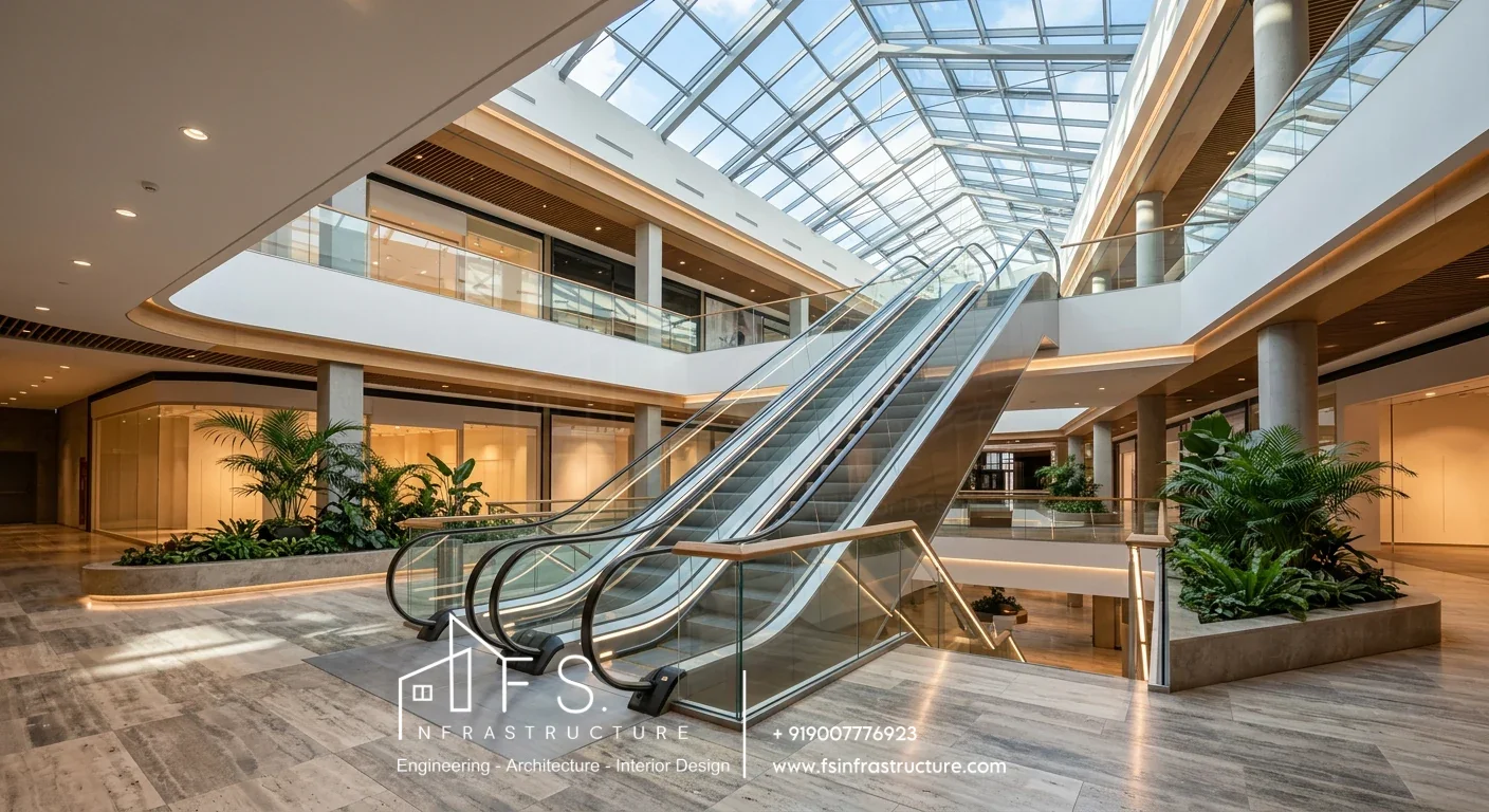 Mall escalator architecture passing through the atrium