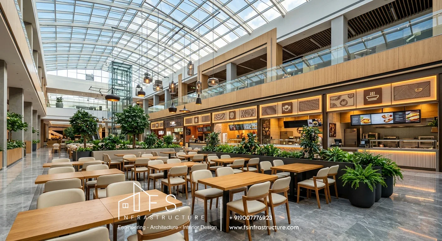 Open food court interior layout with oak tables