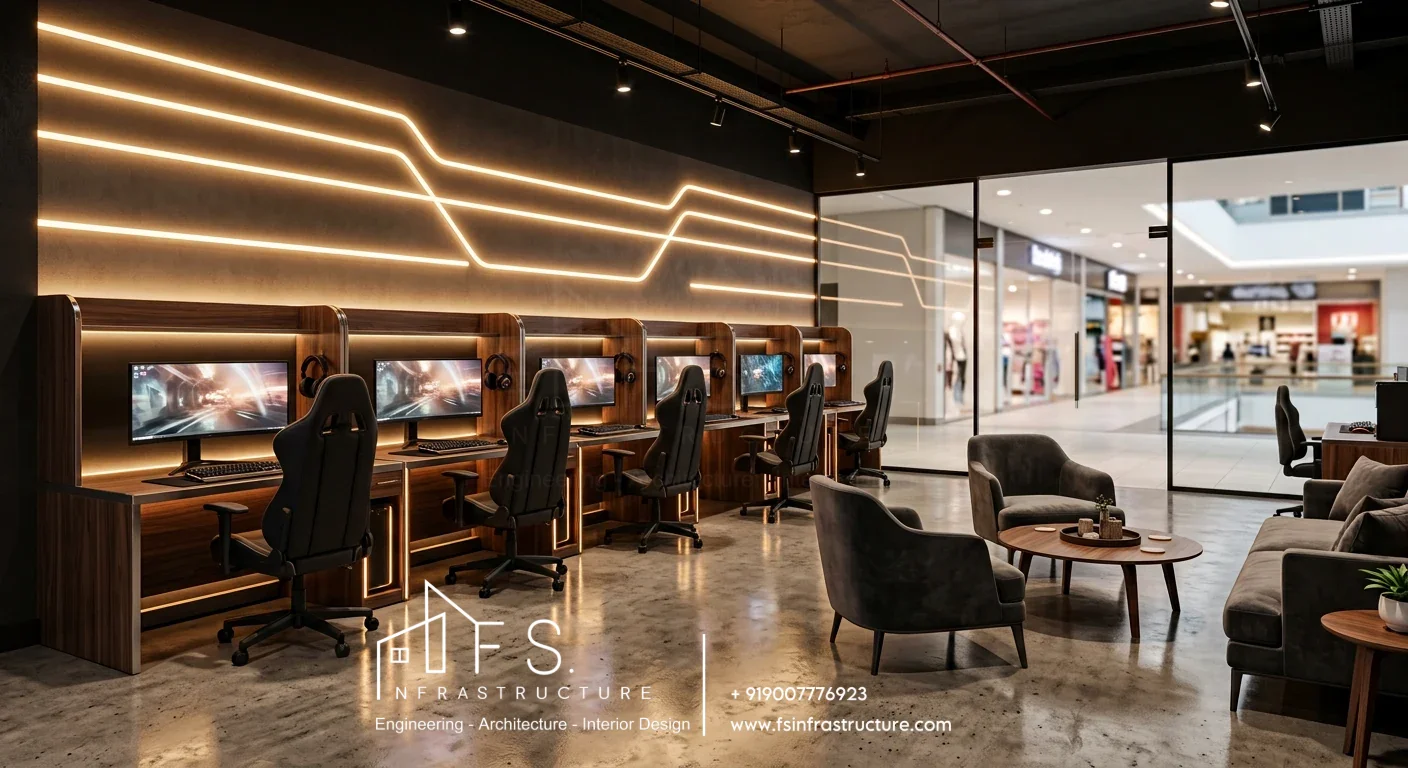 Gaming arcade zone interior with LED accents