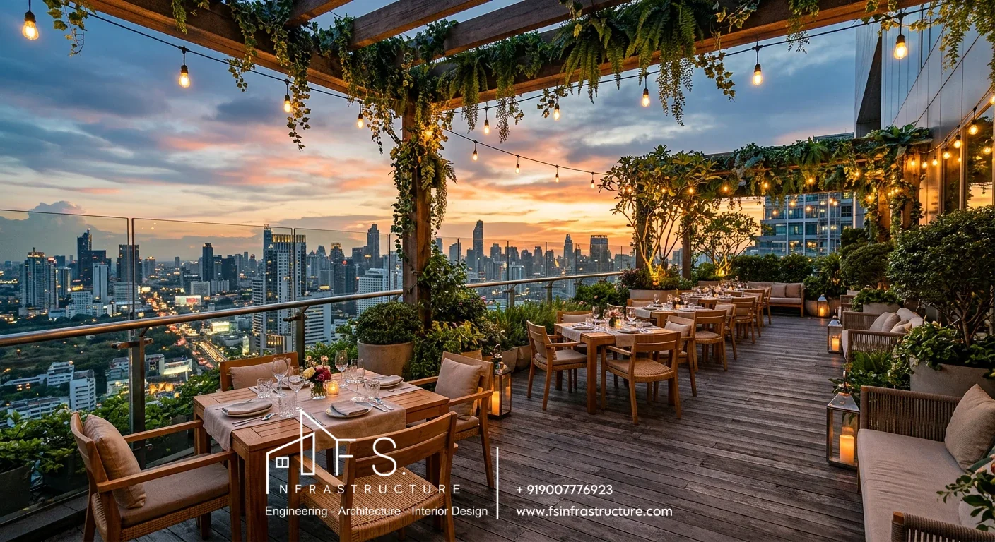 Outdoor sky terrace dining setup with city views