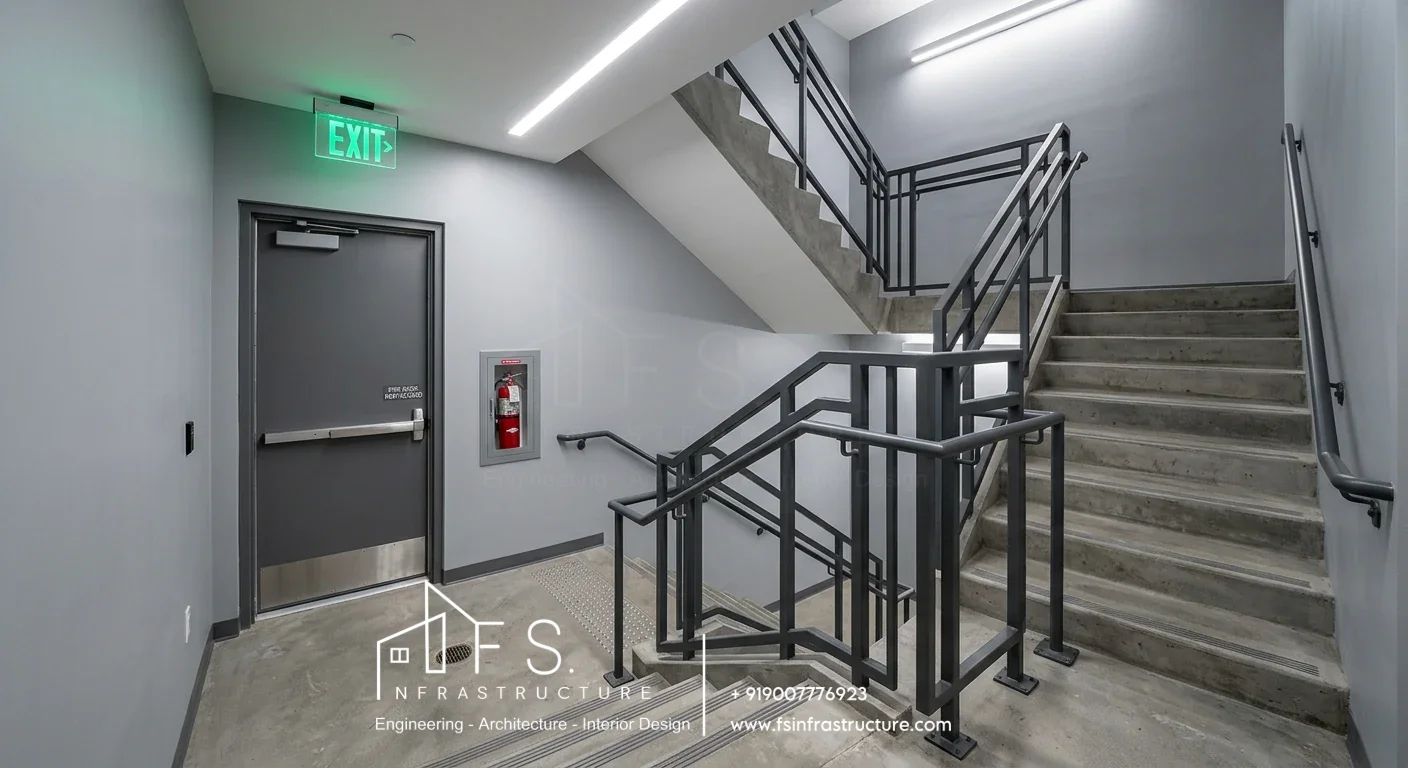 Fire-rated safety staircase design and egress path