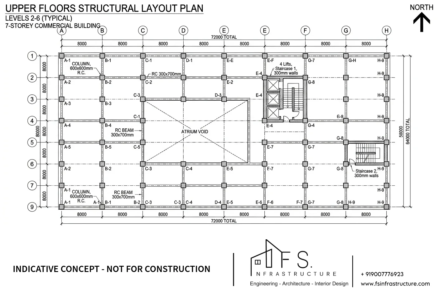 Commercial structural engineering plan for upper floors