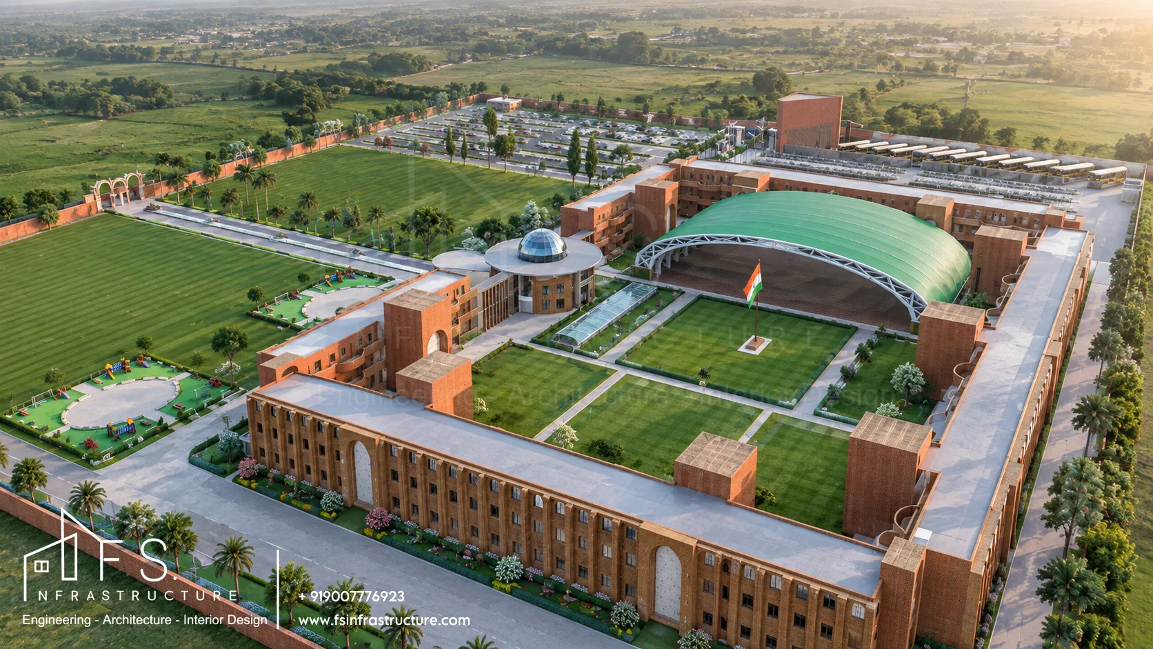 Army Public School, Panagarh — South-west aerial · Play zones & VIP axis