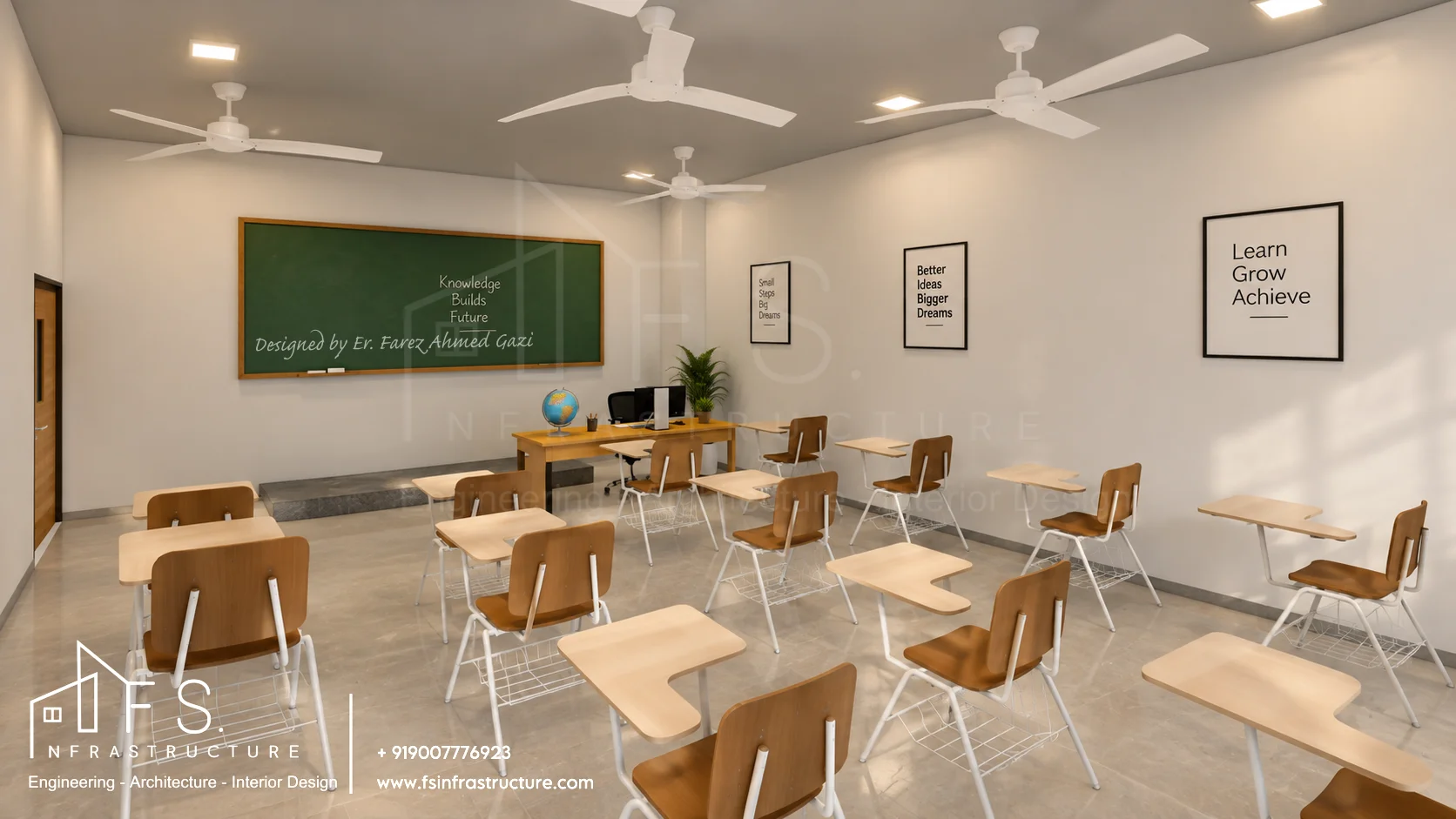 Army Public School, Panagarh — Smart classroom · Teacher dais & chalkboard view