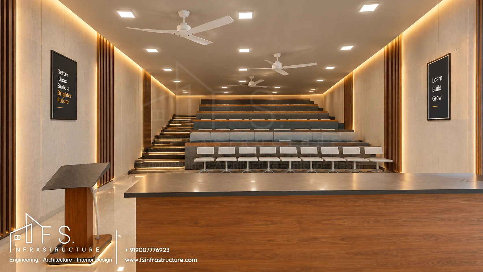 Army Public School, Panagarh — Lecture hall · Acoustic timber slats & illuminated steps