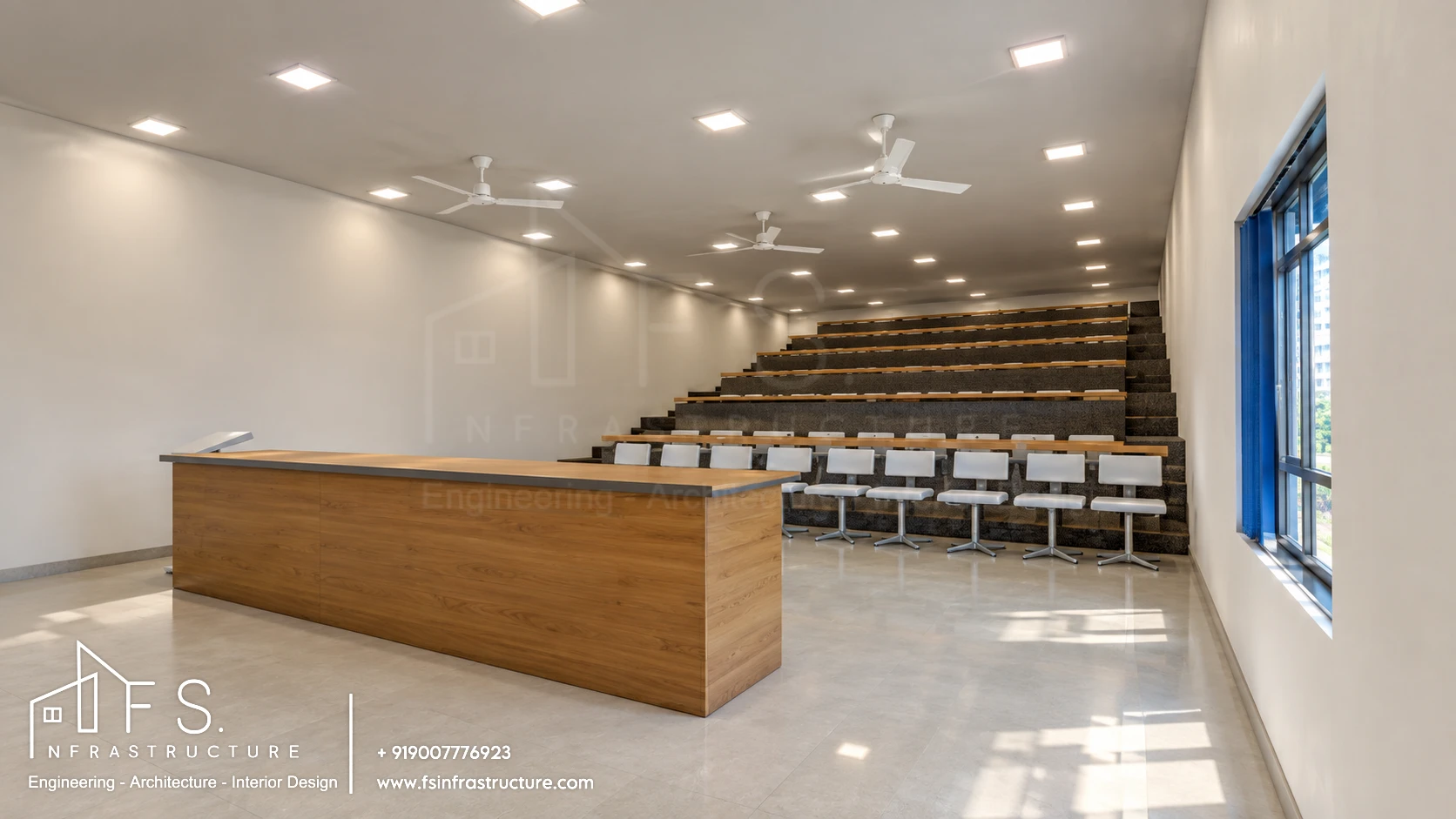 Army Public School, Panagarh — Lecture theatre · Daylit side view & instructor desk