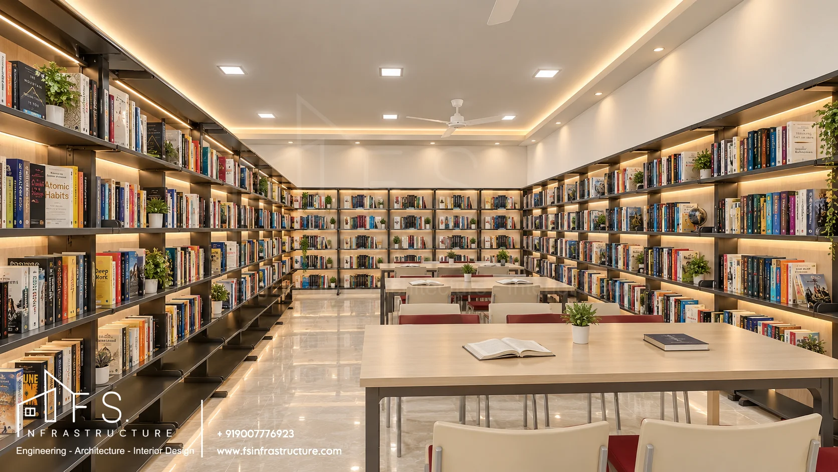 Army Public School, Panagarh — Central library · Reading tables & backlit shelves
