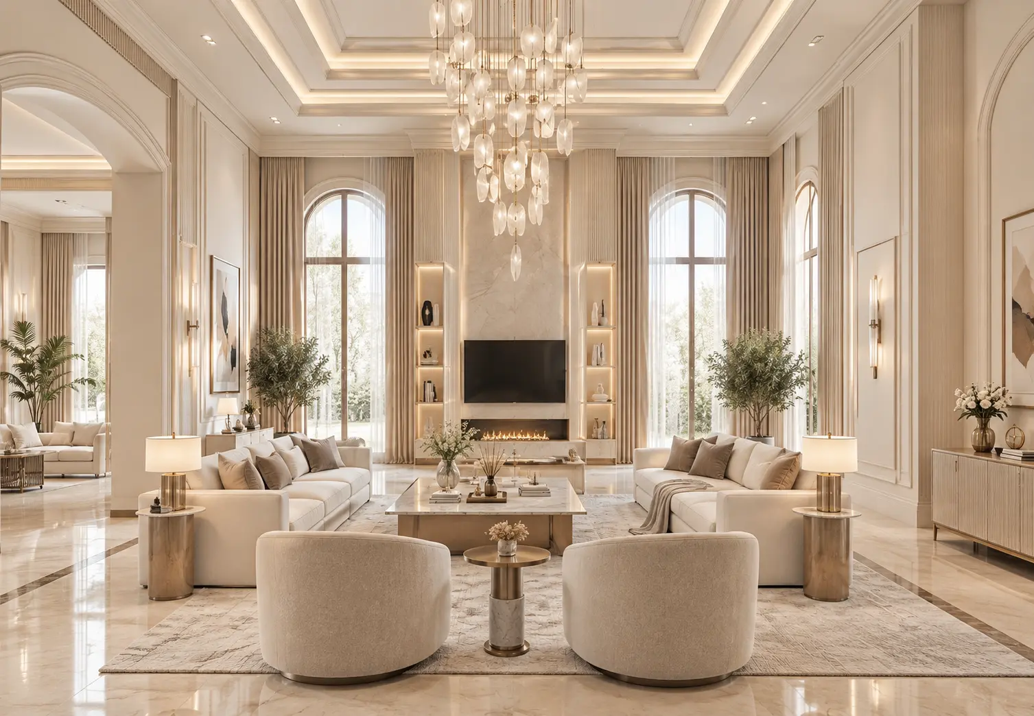 Luxury bungalow double-height living room and bespoke architectural interior styling
