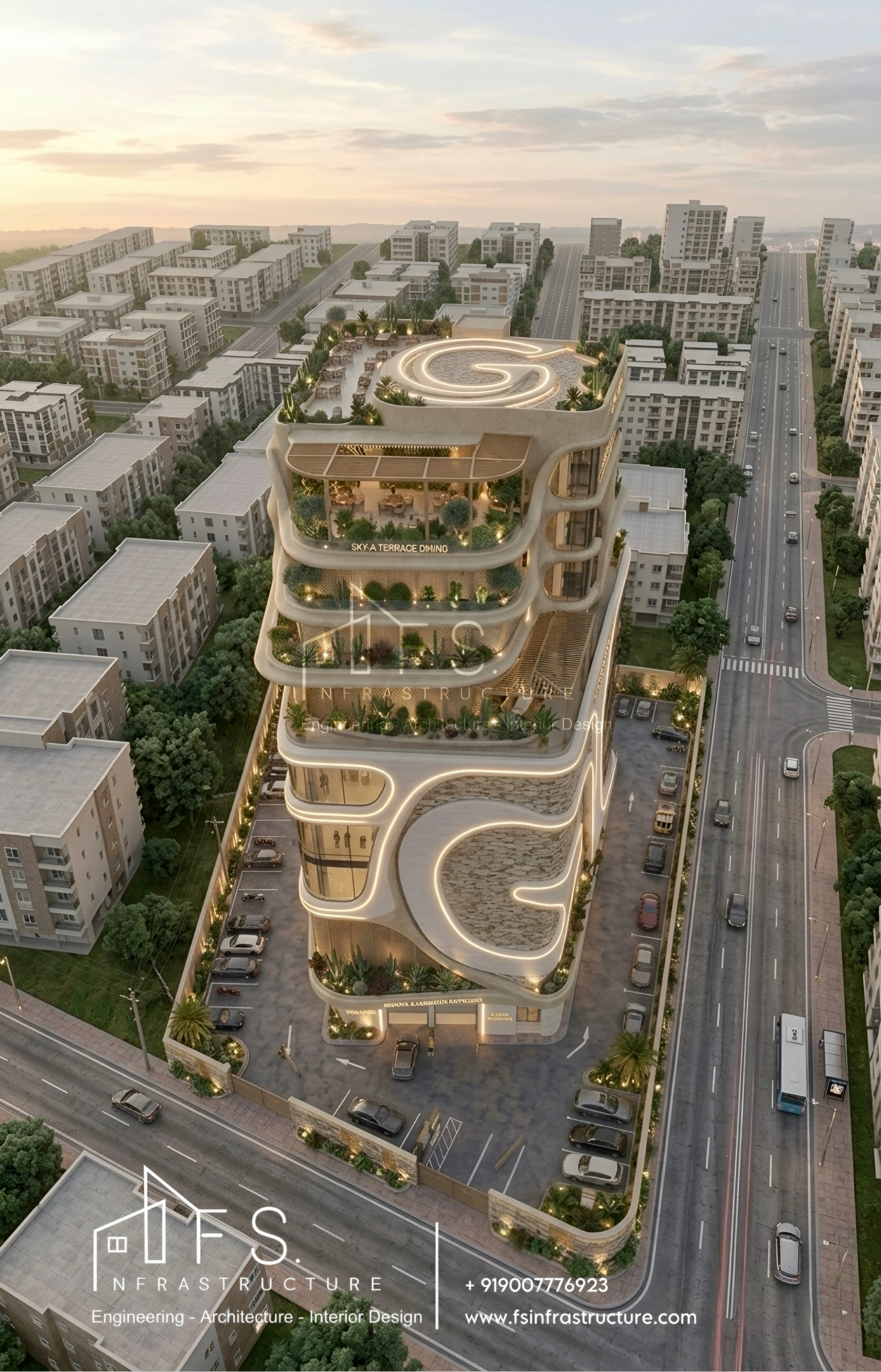 GIDI Mall aerial architectural view and sky terrace dining, Ahmedabad