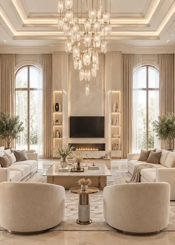 Luxury bungalow double-height living room interior